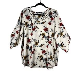Cure Floral Blouse Womens White Ladder‎ Cutout V Neck 3/4 Sleeve Top Size 2XL